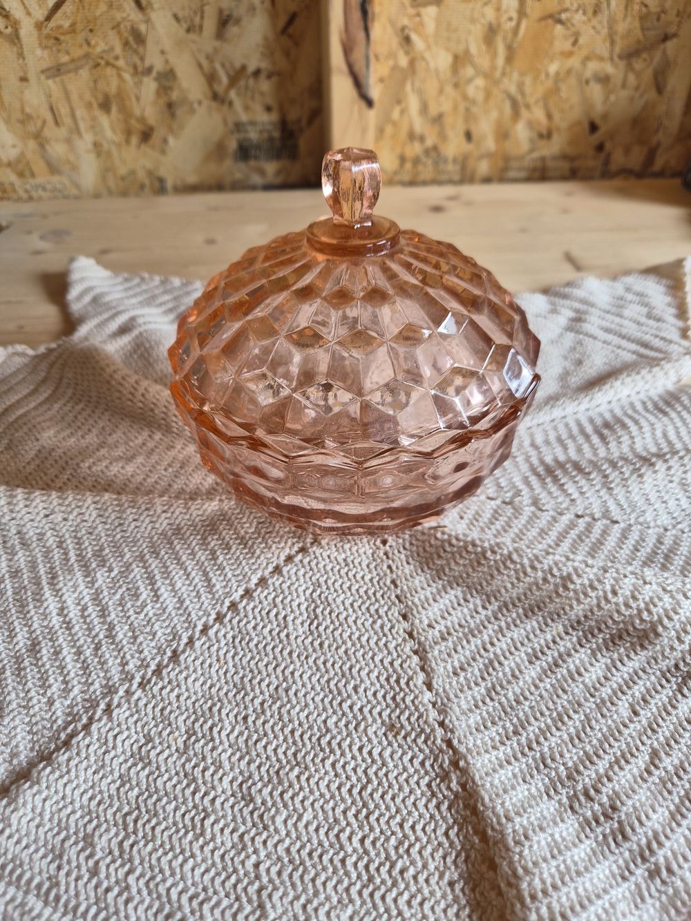Vintage Pink Cubist Jeannette Depression Glass Lidded Bowl Trinket/ Candy Dish